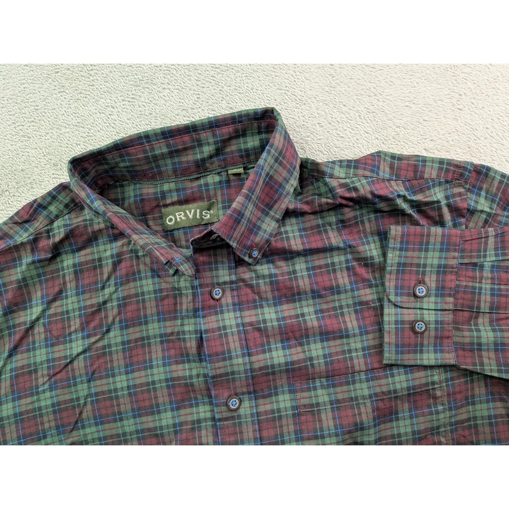 Orvis Heritage Twill Plaid Button Down Shirt Mens Large Green Burgundy Cotton